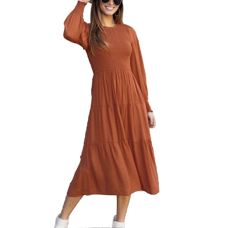 Plain Dress Round Neck Long Sleeves Shirred Chest Retro Loose Comfortable Long Dress Khaki L | Fruugo SG