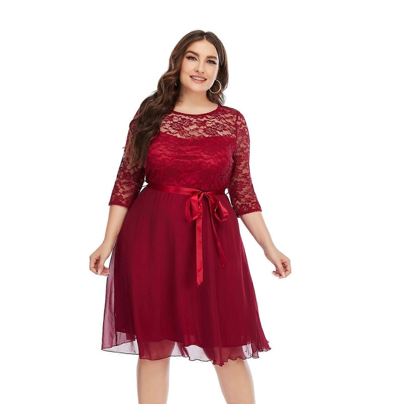 Plus Size Chiffon Party Dress Women’s Lace Patchwork Dress Midi Chiffon Dress Chic Holiday Dress 3/4 Sleeves Beach Dress  Burgundy XL | Fruugo SG