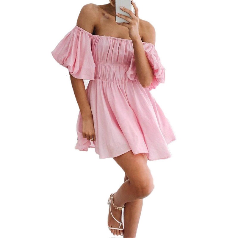 Puff Sleeve Off Shoulder Dress Elegant Square Neck Elastic High Waist Ruched Bust A Line Dress for Party Pink S | Fruugo SG