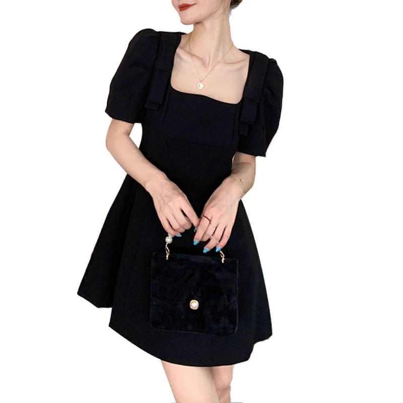 Puff Sleeve Short Dress Cute Elegant Pure Color Bowknot Trim Short Sleeves Puff Dress for Summer | Fruugo SG