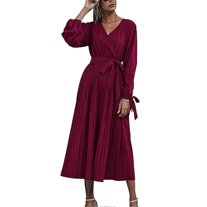 Pure Color Dress Fashion V Neck Hollow Polyester Long Sleeved Dress for Women Fall Winter Wine Red XL | Fruugo SG