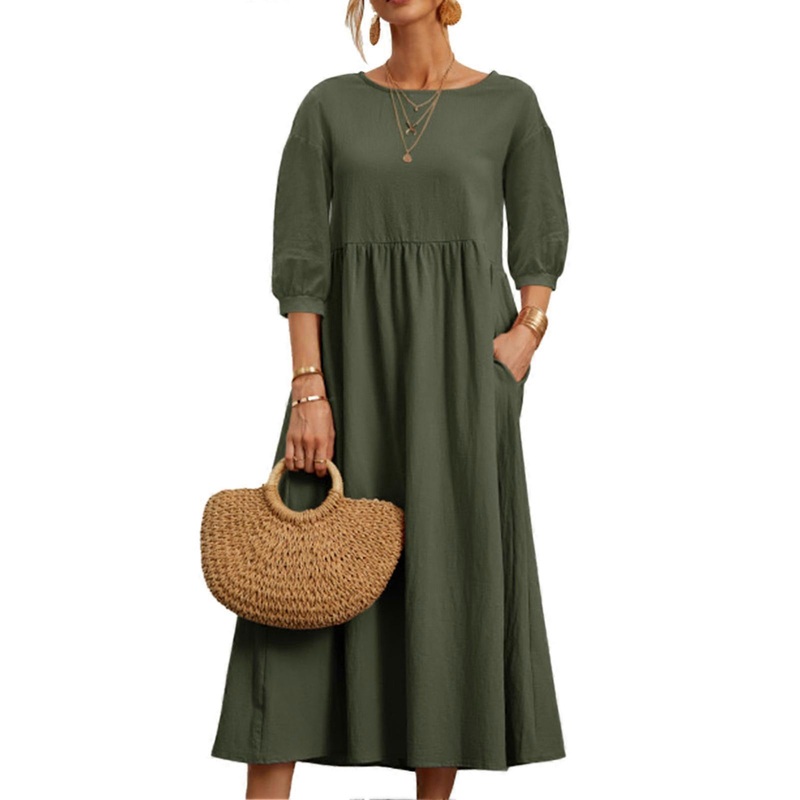 Round Neck Dress Three Quarter Balloon Sleeves Pure Color Loose Pocket Design Casual Women Dress Green L | Fruugo SG