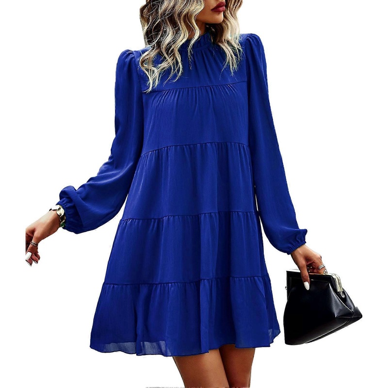 Ruffle Dress Stand Collar Long Lantern Sleeved Casual Soft Loose Tiered Dress for Women Blue L | Fruugo SG