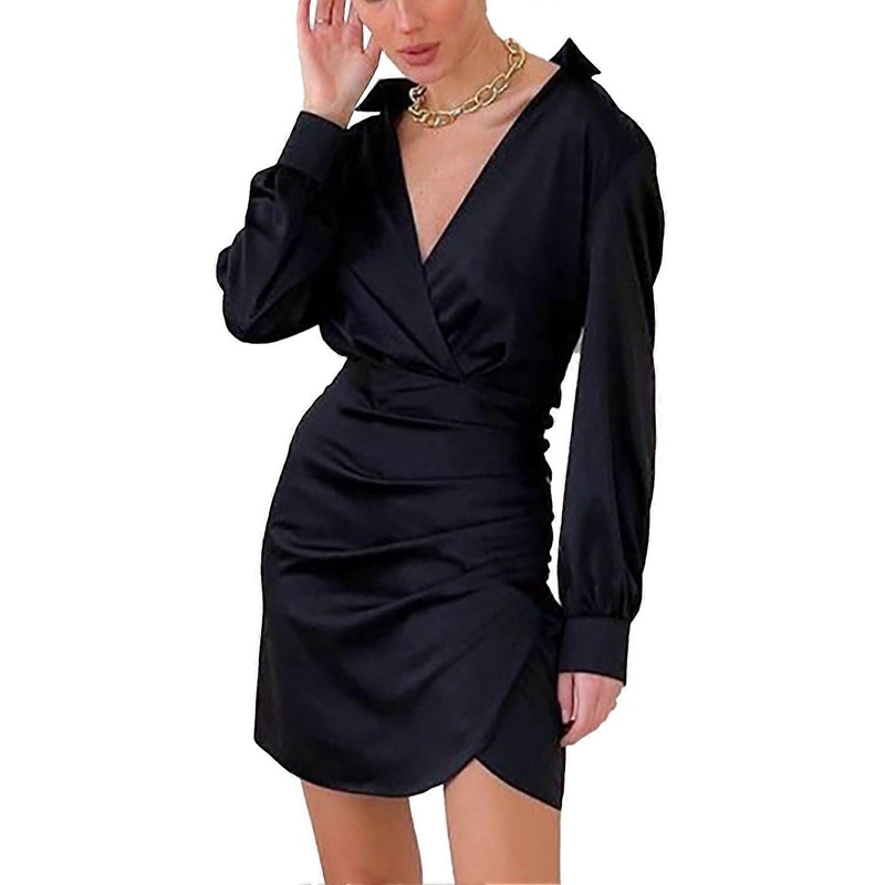 Satin Wrap V Neck Dress Pure Color Fashionable Turn Down Collar Ruched Long Sleeve Dress for Dating Black S | Fruugo SG