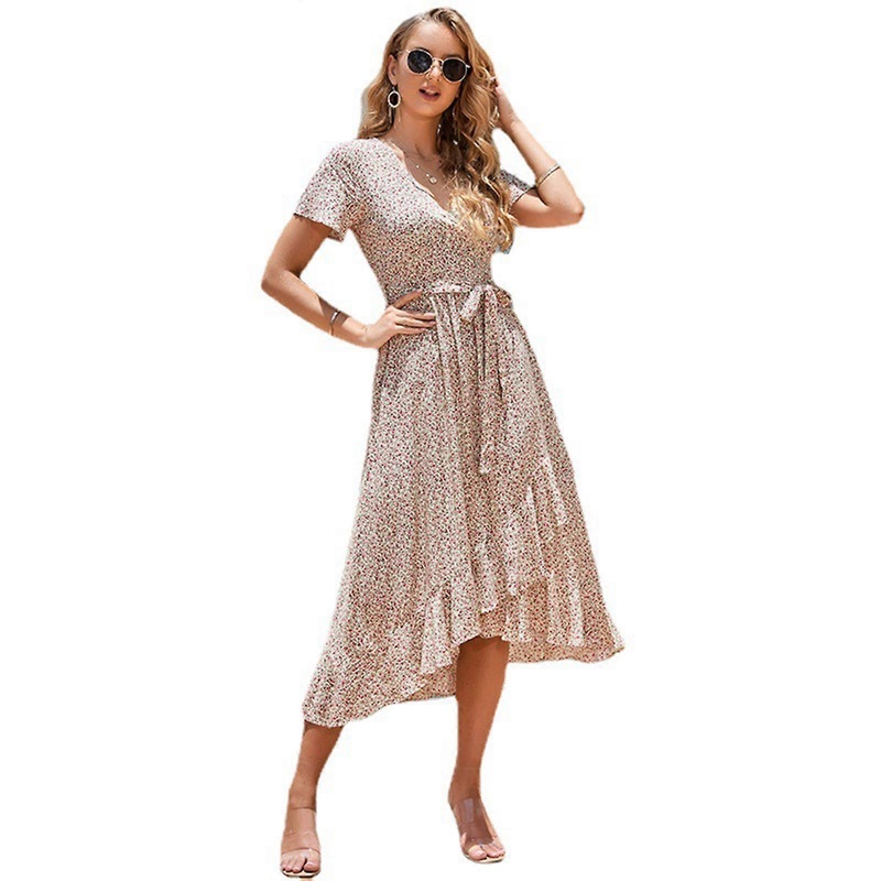Sexy Floral Casual Long Dress Belted Ruffle Hem French Slim Fit Dress Short Sleeve Strappy Summer Beach for Young Girls  Color L | Fruugo SG