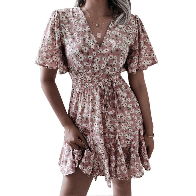 Short Sleeves Floral Dress V Neck Tied Shirred Waist Elastic Elegant Floral Print Short Dress for Women | Fruugo SG