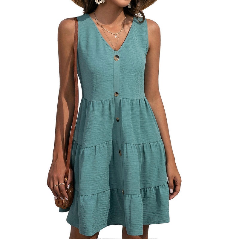 Sleeveless Dress Breathable V Neck A Line Waist Ruffle Hem Casual Button Vest Dress for Women Green XL | Fruugo SG