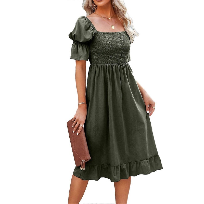Square Neck Dress Fashionable Charming Lantern Sleeves Ruffle Pleated Waistband Dress for Women OD Green S | Fruugo SG