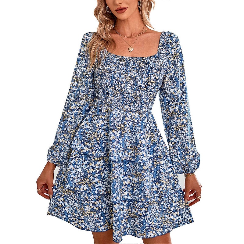 Square Neck Dress Regular Long Sleeve Fashionable High Waist Tiered Design Loose Hem Floral Print Dress Blue S | Fruugo SG