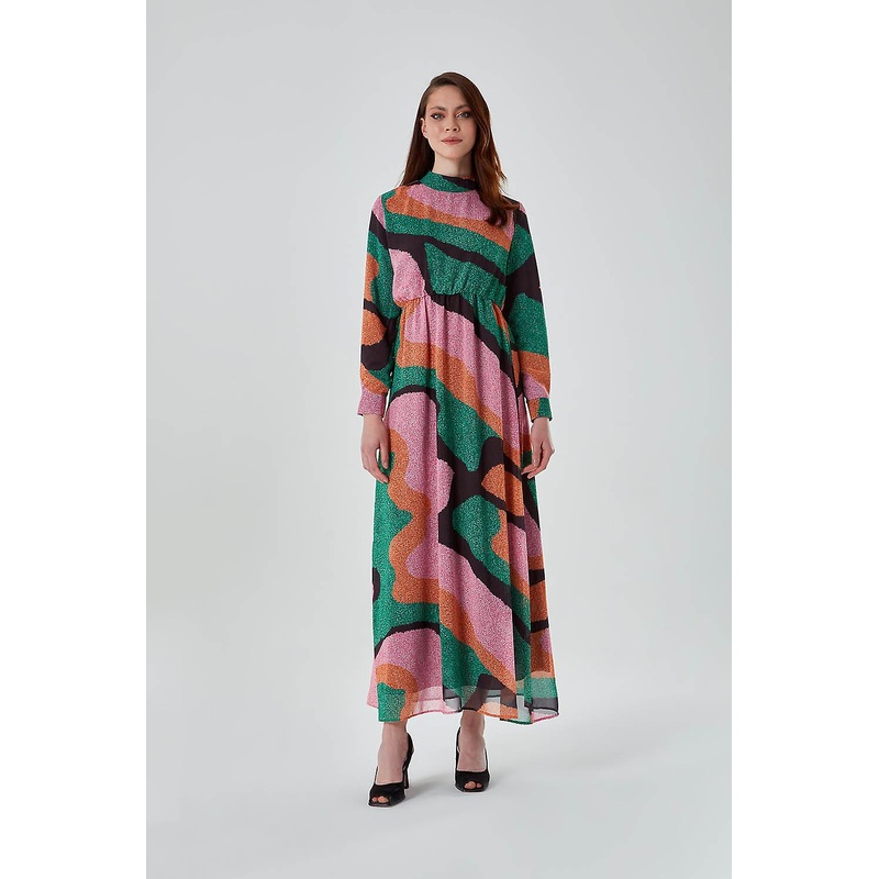 Straight Collar Glitter Printed Green Long Dress | Fruugo SG