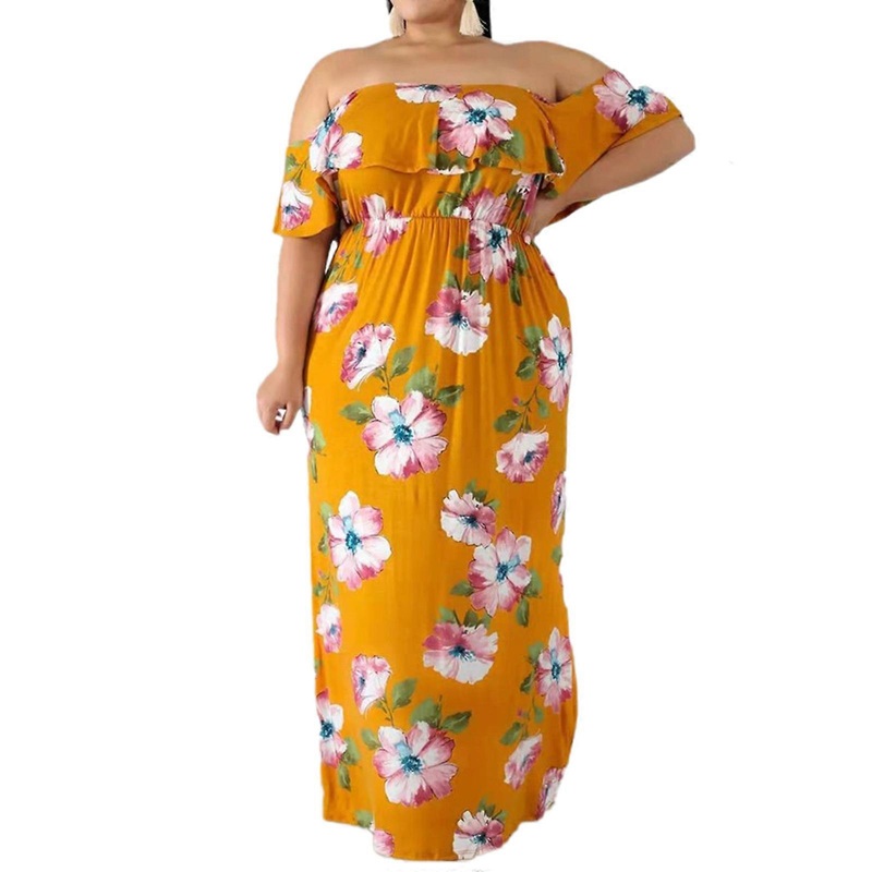 Stylish Women Floral Print Dress Off Shoulder Dress Loose Plus Size Dress Vacation Dress Bohemia Maxi Dress for Travel  Yellow XL | Fruugo SG