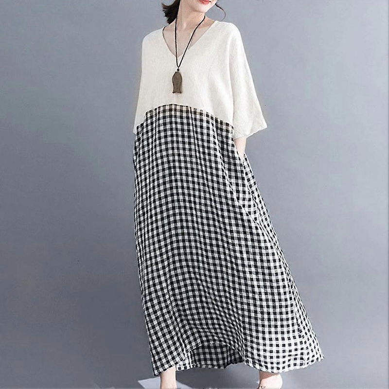 Stylish Women Half Sleeve Round Neck Casual Loose Plaid Dress (Apricot XL) | Fruugo SG