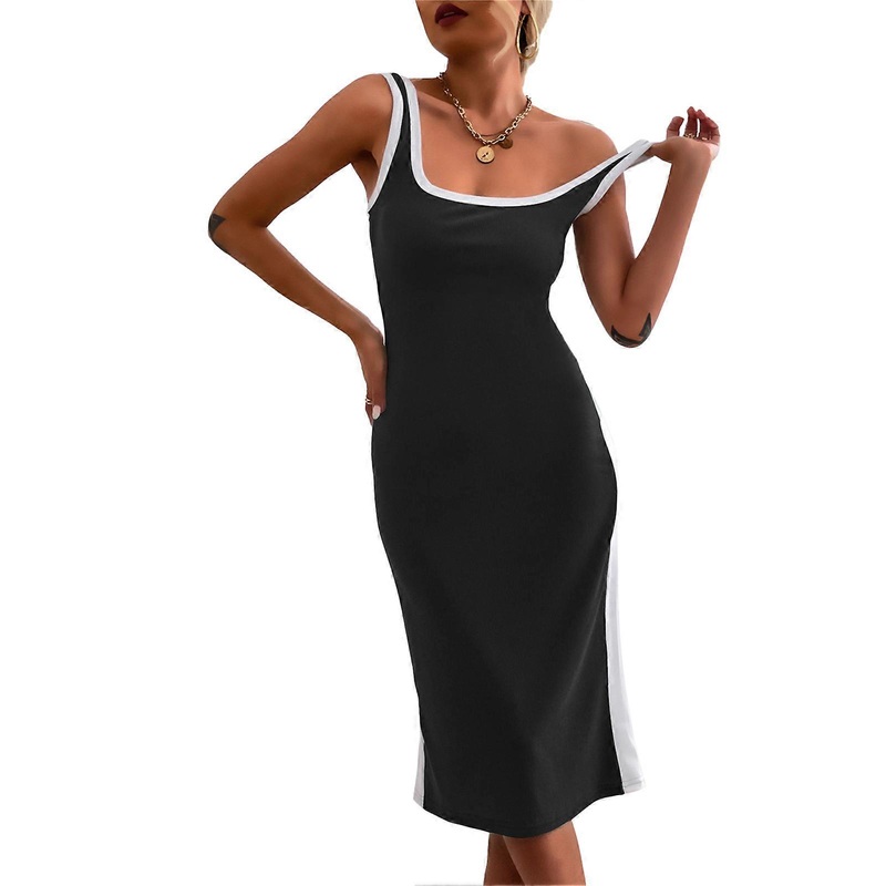 Summer Color Block Tank Dress Elegant Casual Slim Fit Knitted Sleeveless Dress for Holiday Party Black M | Fruugo SG