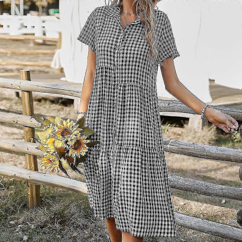 Summer Dress For Women Plaid Shirt Short Sleeve Medium-length For Casual | Fruugo SG