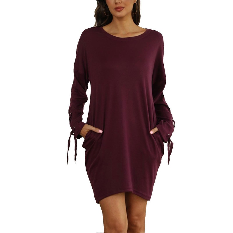 Tied Cuff Tunic Dress with Pockets Crewneck Long Sleeve Loose Pure Color Oversized Dress for Women Wine Red M | Fruugo SG