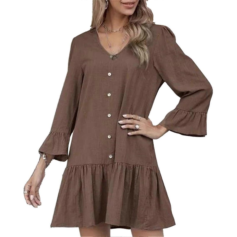 V Neck Button Dress Soft Fashion Casual Skin Friendly Breathable Long Sleeve Dress for Women Daily Shopping Dark Brown M | Fruugo SG