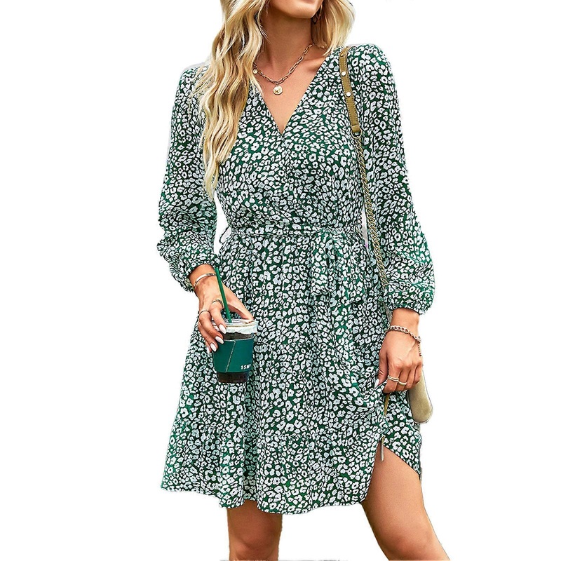 V Neck Floral Dress Polyester Fiber Breathable Long Sleeve Lace Up Casual Dress for Dating Green XXL | Fruugo SG