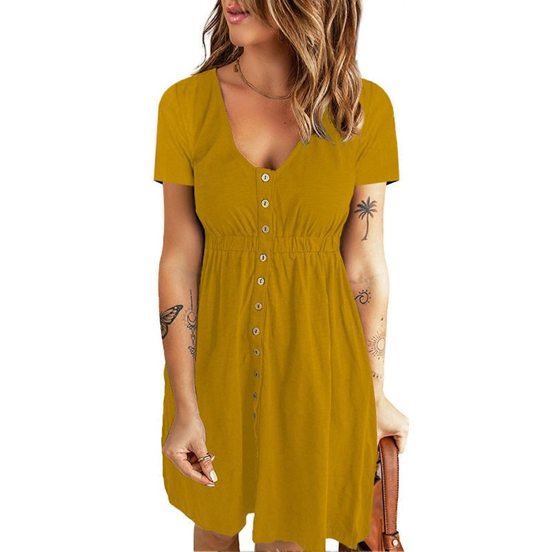 V Neck Front Button Dress Short Sleeve High Waisted Button Front Dress for Women Spring Summer Yellow L | Fruugo SG