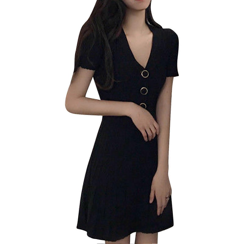 Woman Short Sleeve Slim Fit Dress Button Down A Line Swing Tunic Casual V Neck Dress for Summer | Fruugo SG