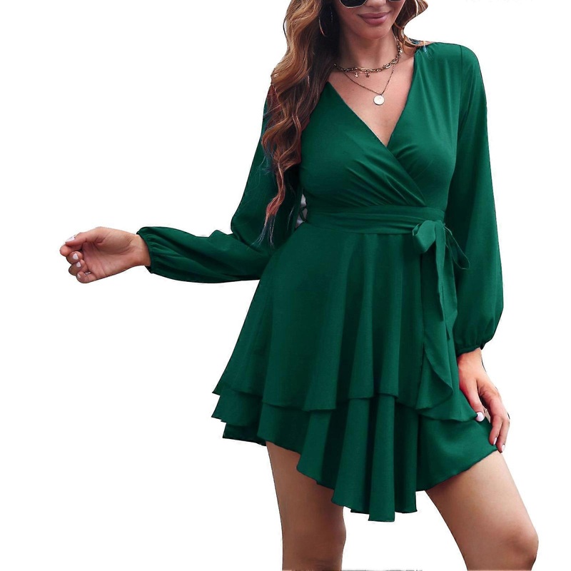 Woman Wrap V Neck Short Dress Long Sleeve Tie Waist Casual Ruffle Tired Hem Flowy Swing Mini Dress Dark Green XL | Fruugo SG