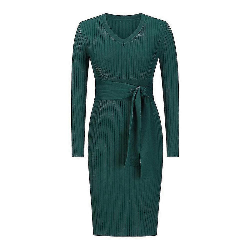 Women Autumn Winter Elegant Long Sleeve V Neck Slim Fit Tie Up Knitted Dresses | Fruugo SG