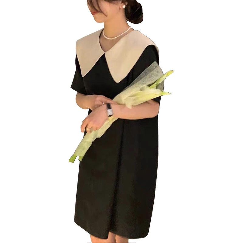 Women Doll Collar Dress Color Blocking Back Lace Up Bow Loose Short Sleeve Elegant Dress for Summer | Fruugo SG