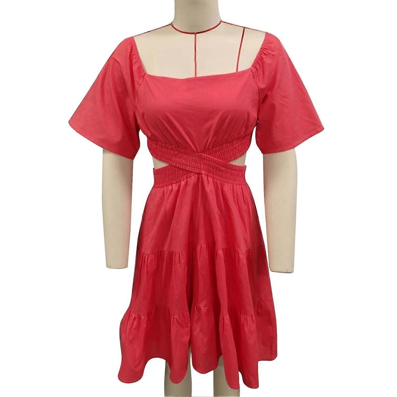 Women Dress Short Bell Sleeves Ruffle Hem Crossing Waist Hollow Out Back Shirred Summer Dress Red XL | Fruugo SG