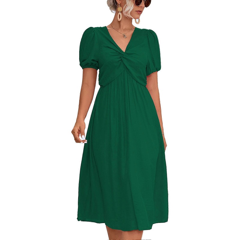 Women Dress Twist Knot V Neck Short Puff Sleeve Loose Hem Casual Long Dress for Daily Wear Green L | Fruugo SG