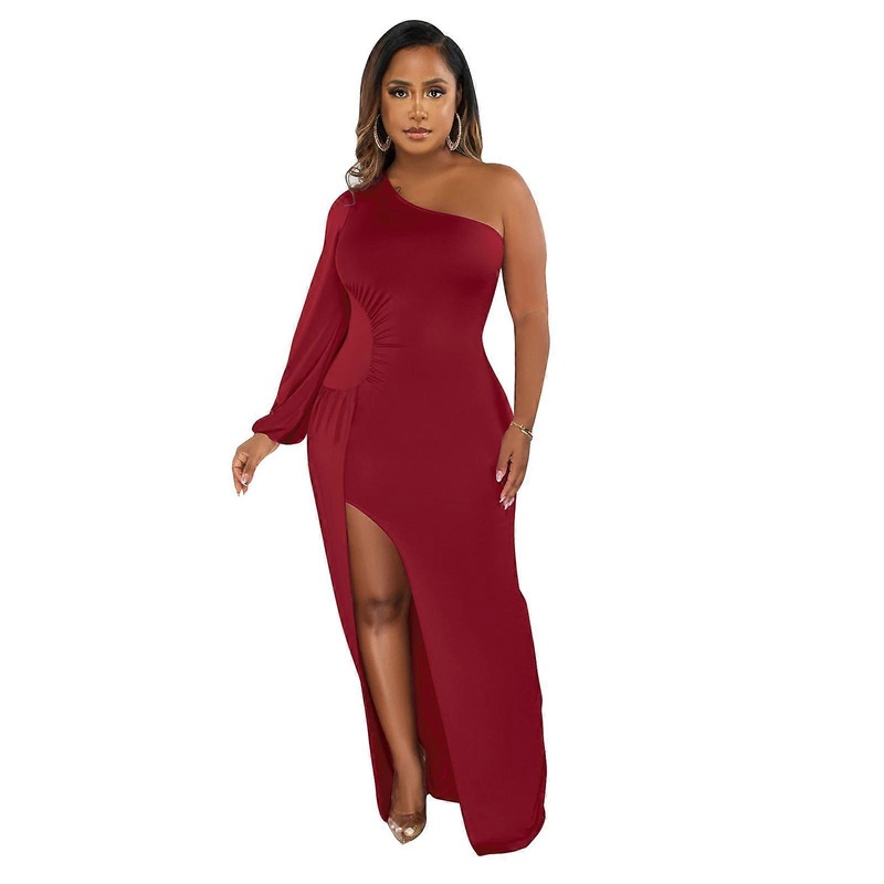 Women Elegant Lantern Long Sleeve One Shoulder Maxi Bodycon Dress Solid Color Ruched Waist Split Cocktail Pencil Dresses  Burgundy XL | Fruugo SG