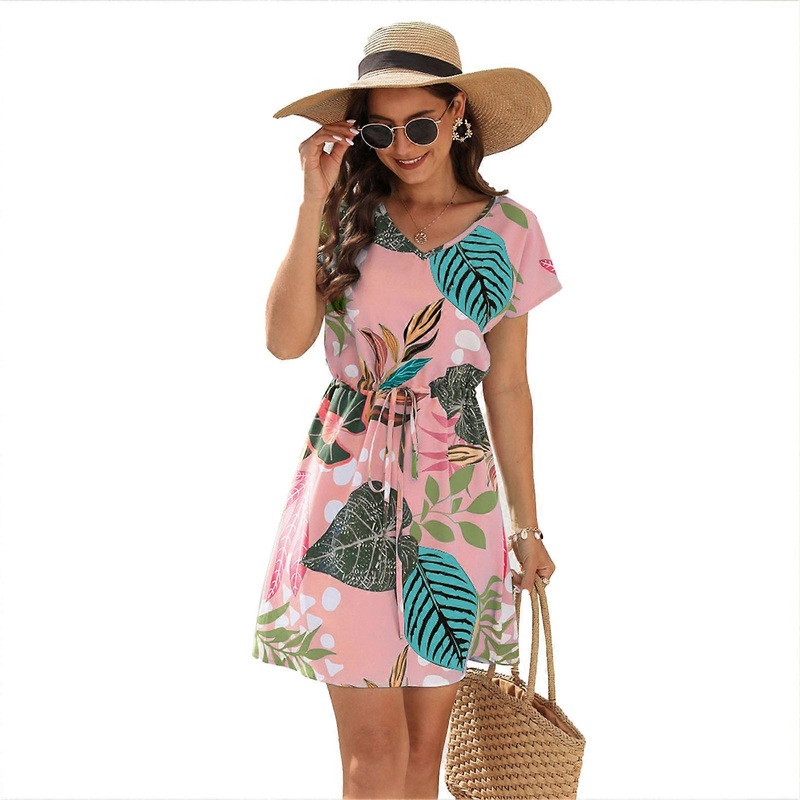 Women Floral Dress V Neck Short Sleeves Waist Drawstring Above Knee Length Summer Dress | Fruugo SG