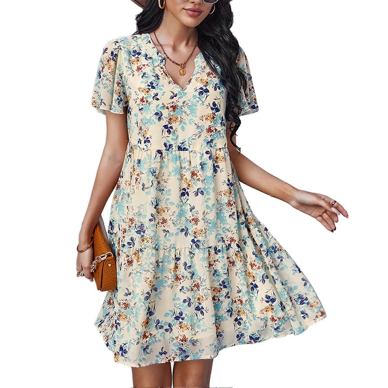 Women Floral Print Dress A Line Short Sleeve V Neck High Waist Casual Summer Dress for Daily Wear Apricot L | Fruugo SG