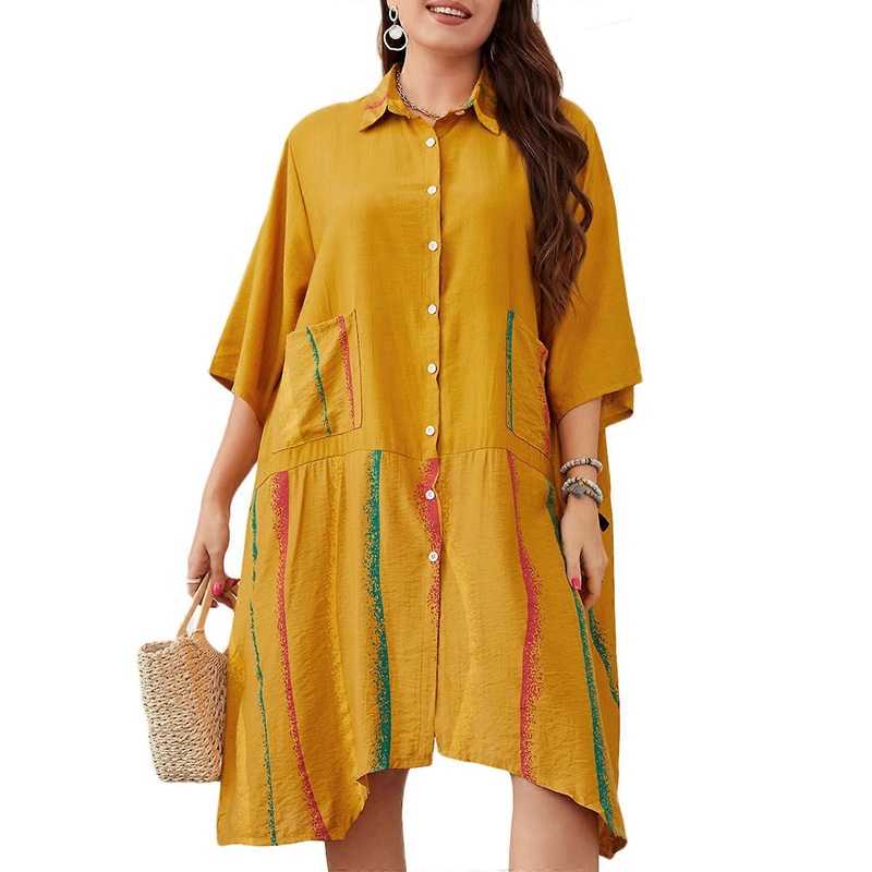 Women Lapel Dress Simple Short Sleeve Dress with Pockets Plus Size Irregular Dress Holiday Dress for Summer Vacation  Yellow 3XL | Fruugo SG