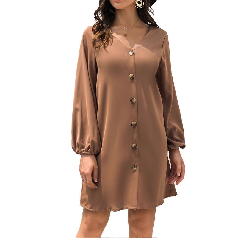 Women Long Lantern Sleeve Dress V Neck Button Down Casual Loose A Line Short Dress for Summer Khaki L | Fruugo SG