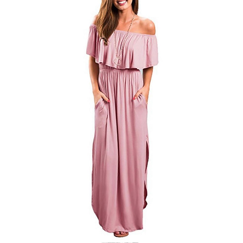 Women Off Shoulder Long Dress with Pocket Ruffle High Waist Side Slit Loose Fit Maxi Dress Pink M | Fruugo SG