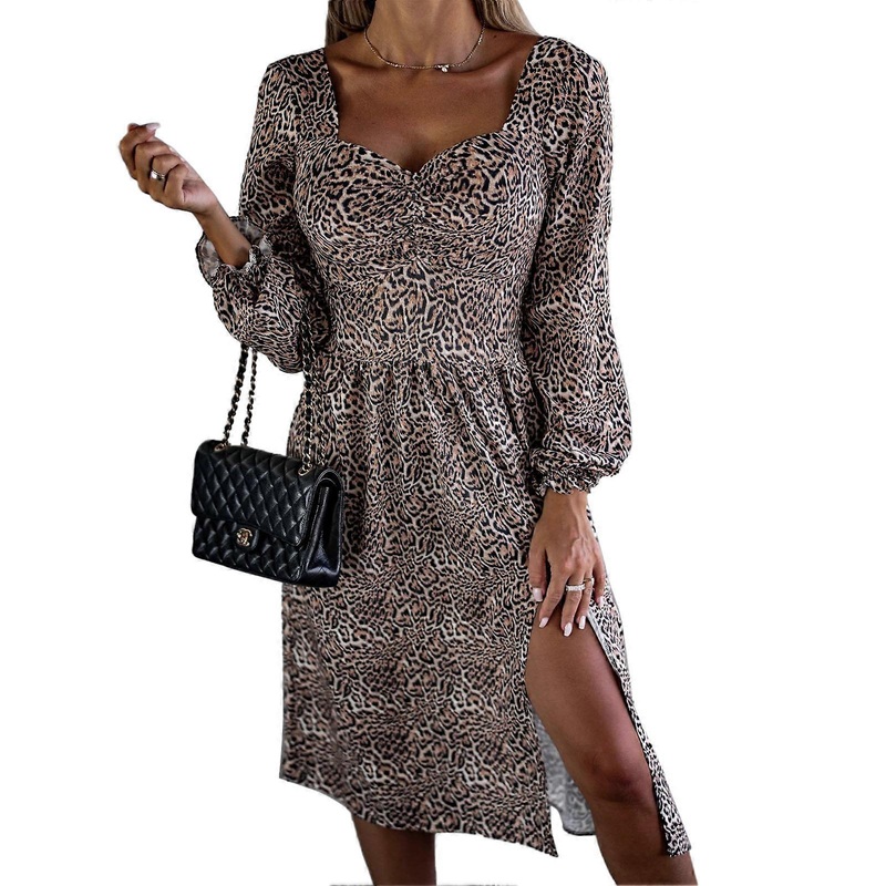 Women Print Dress Long Sleeve V Neck Half Open Back Split Hem Stylish Fall Winter Women Casual Dress Khaki Print XXL | Fruugo SG