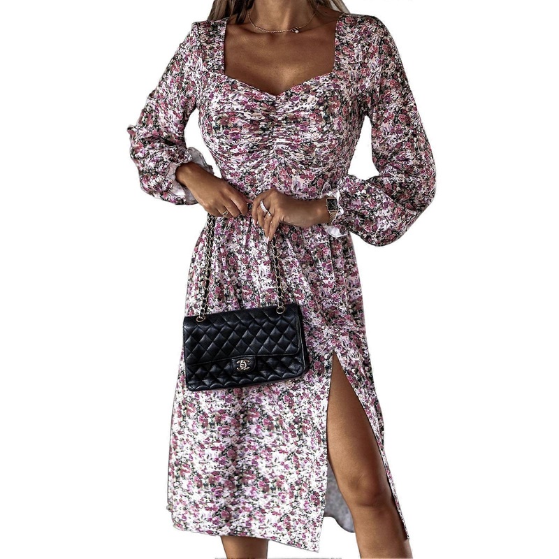 Women Print Dress Long Sleeve V Neck Half Open Back Split Hem Stylish Fall Winter Women Casual Dress White Flower L | Fruugo SG