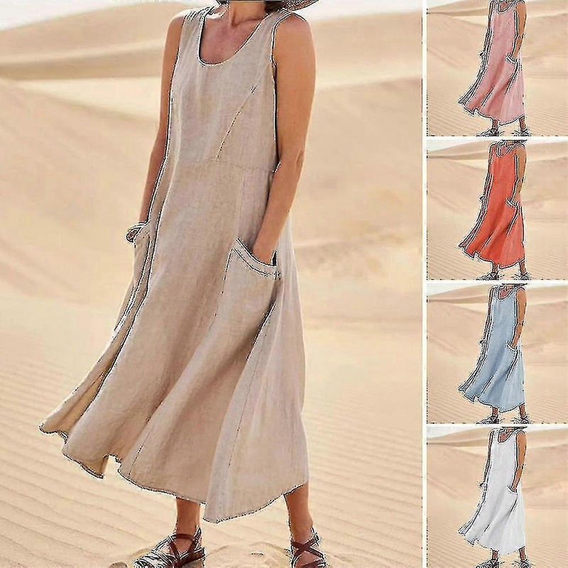 Women’s Sleeveless Cotton Linen Dress With Pockets Boho Style Beach Tank Dress | Fruugo SG