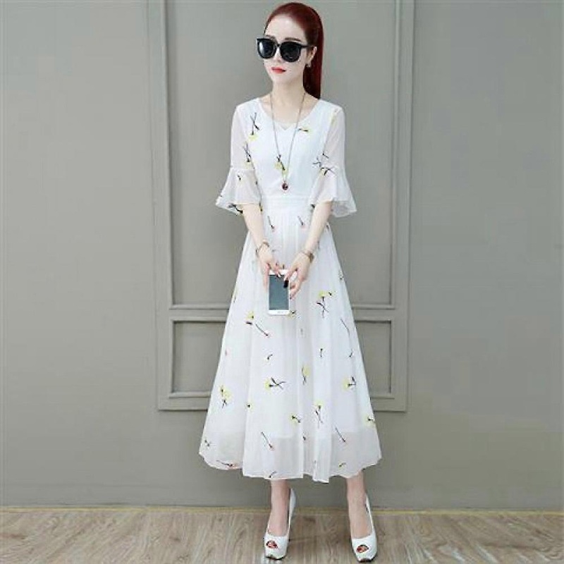 Women Short Flare Sleeve Print V neck Stylish Full Length Dress Summer(Yellow Floral Print 2XL) | Fruugo SG