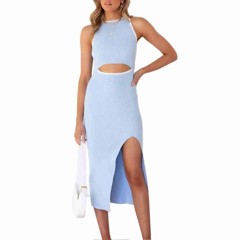Women Sleeveless Dress Waist Cut Out Color Contrast Side Split Hip Wrap Summer Dress Light Blue L | Fruugo SG