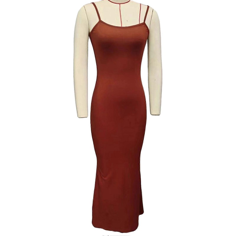 Women Spaghetti Straps Dress Slim Fitting Pure Color Ribbed Knit Summer Hip Wrap Long Dress Brown L | Fruugo SG