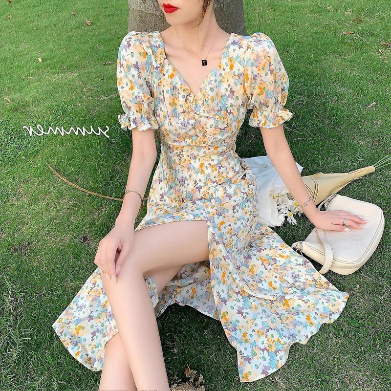 Women Summer Dress Medium Style Puff Sleeve V Neck One Piece Dress for Travel Yellow XL | Fruugo SG