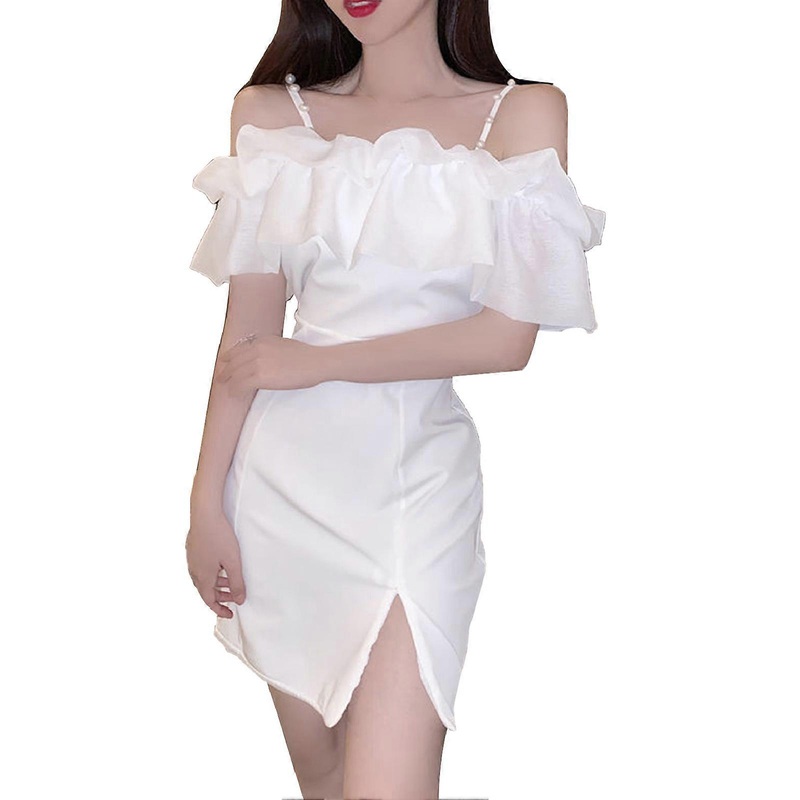 Women Summer Dress Off Shoulder Ruffle Sleeve Bead Straps Side Slit Slim Fit Spicy Short Dress | Fruugo SG