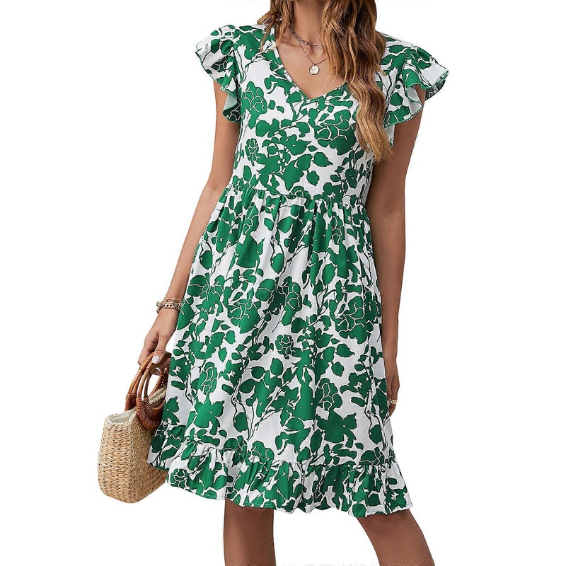 Women Summer Dresses 2023 Casual Flowy Beach V Neck Puff Short Sleeve Swing Boho Floral Midi Dress  Green XL | Fruugo SG