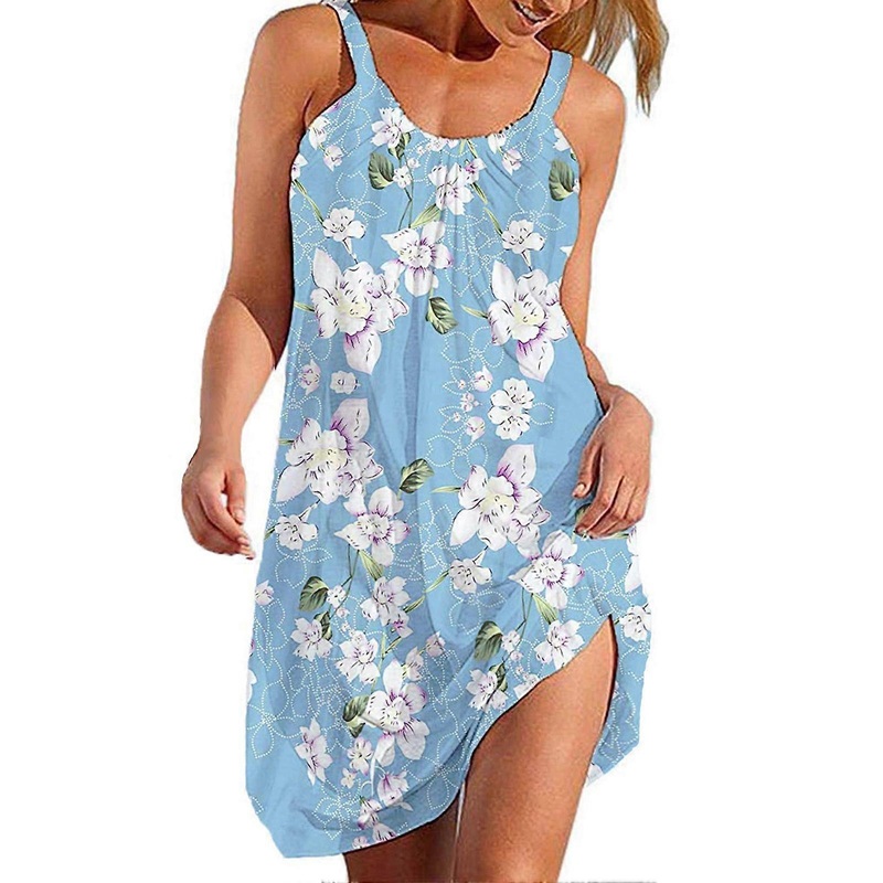 Women Summer Plus Size Tank Dress Sleeveless Elegant Loose Fitting Beach Tunic Dress Blue White Floral Print XXL | Fruugo SG