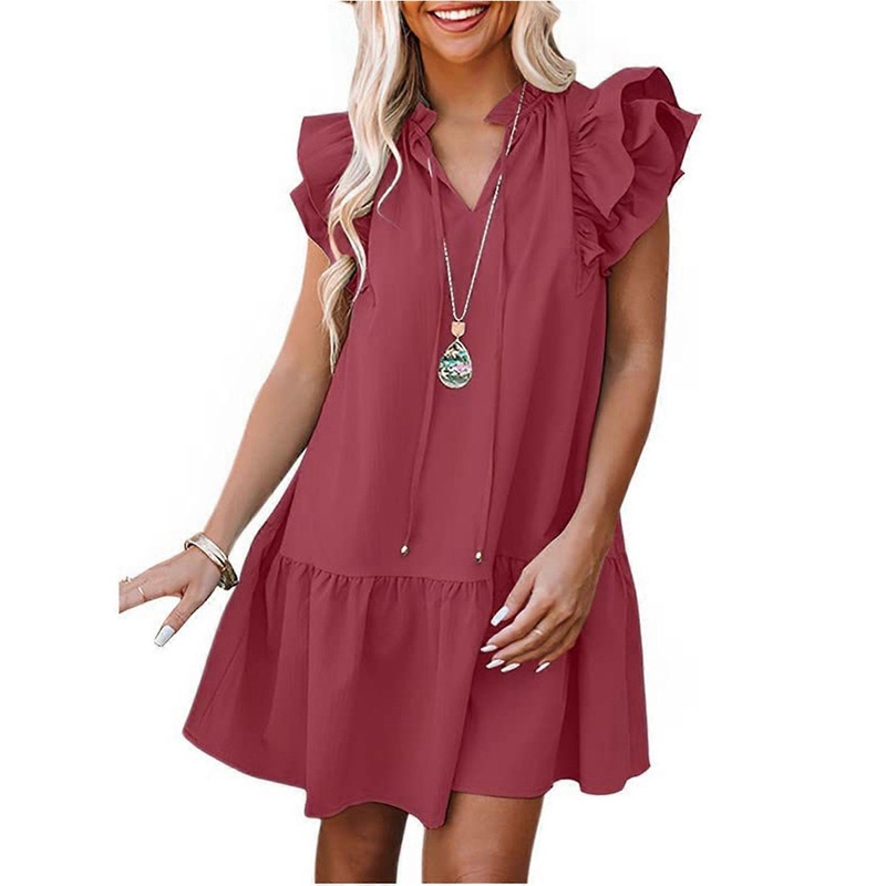 Women Summer Ruffle Cap Sleeve Dress V Neck Drawstring Pure Color Casual Tunic Dress Light Red M | Fruugo SG