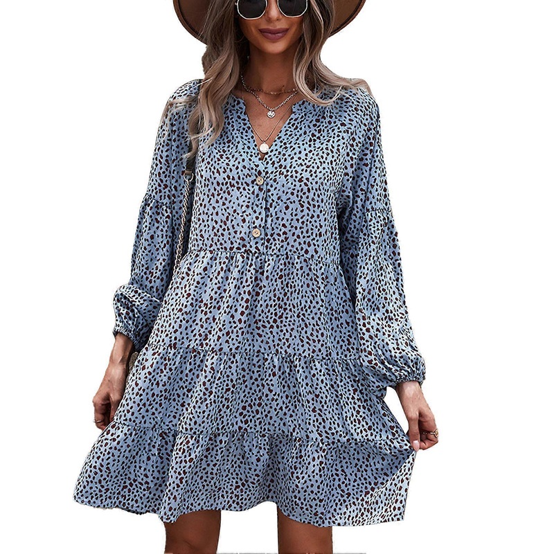 Women Summer Tunic Dress Long Drop Shoulder Sleeve V Neck Panther Print Long Sleeve Dress for Party Business Travel Blue L | Fruugo SG