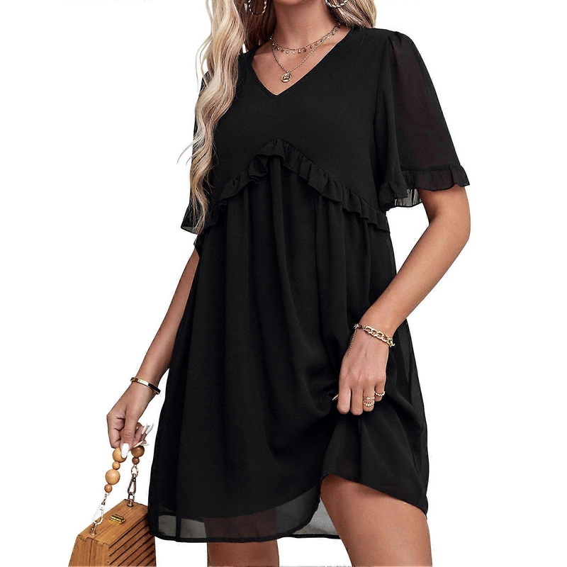 Women Summer Tunic Dress V Neck Short Ruffle Sleeves High Waist Casual Loose Flowy Mini Dress Black L | Fruugo SG