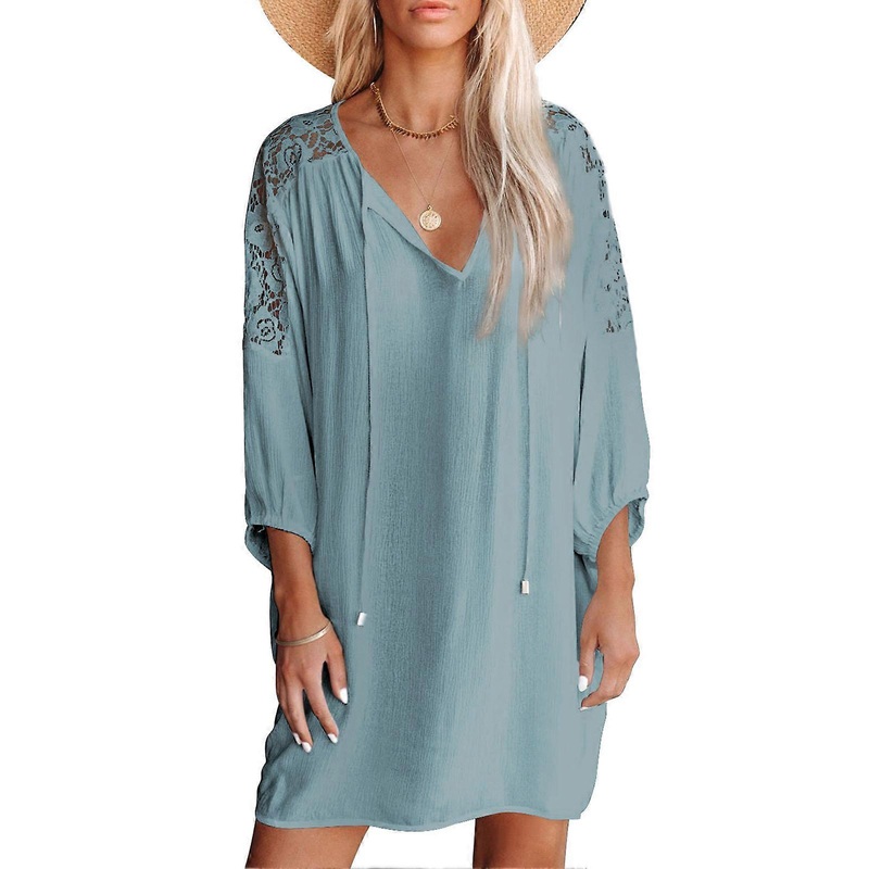 Women V Neck Dress Lace Three Quarter Sleeves Loose Waist Summer Casual Short Dress Blue L | Fruugo SG