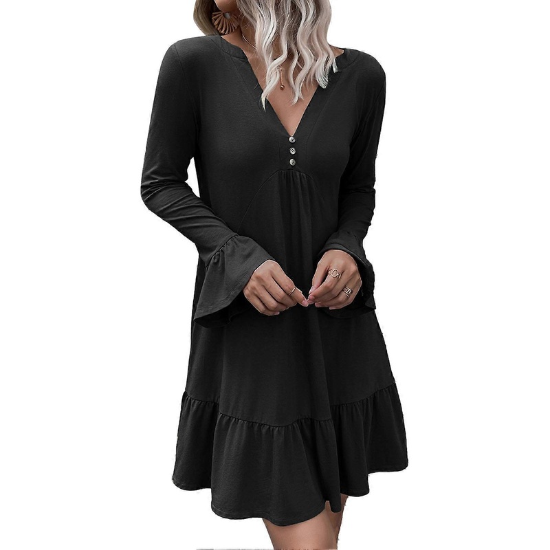 Women V Neck Dress Ruffle Pure Color Dress Stylish Button Front Long Sleeves Dress Black XL | Fruugo SG