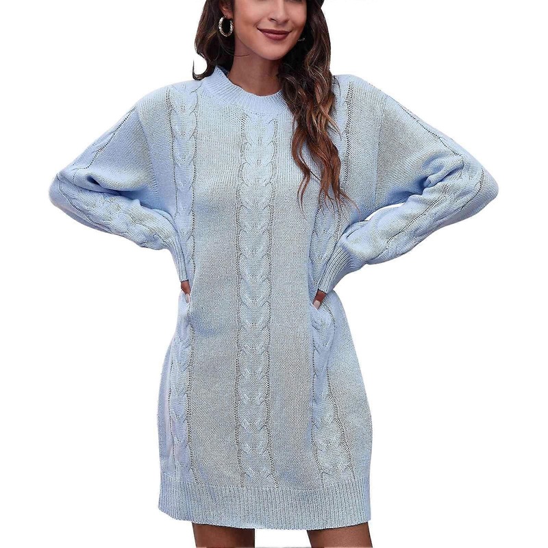 Women Winter Sweater Dress Cable Knit Crewneck Long Sleeve Pure Color Pullover Dress for Autumn Light Blue L | Fruugo SG